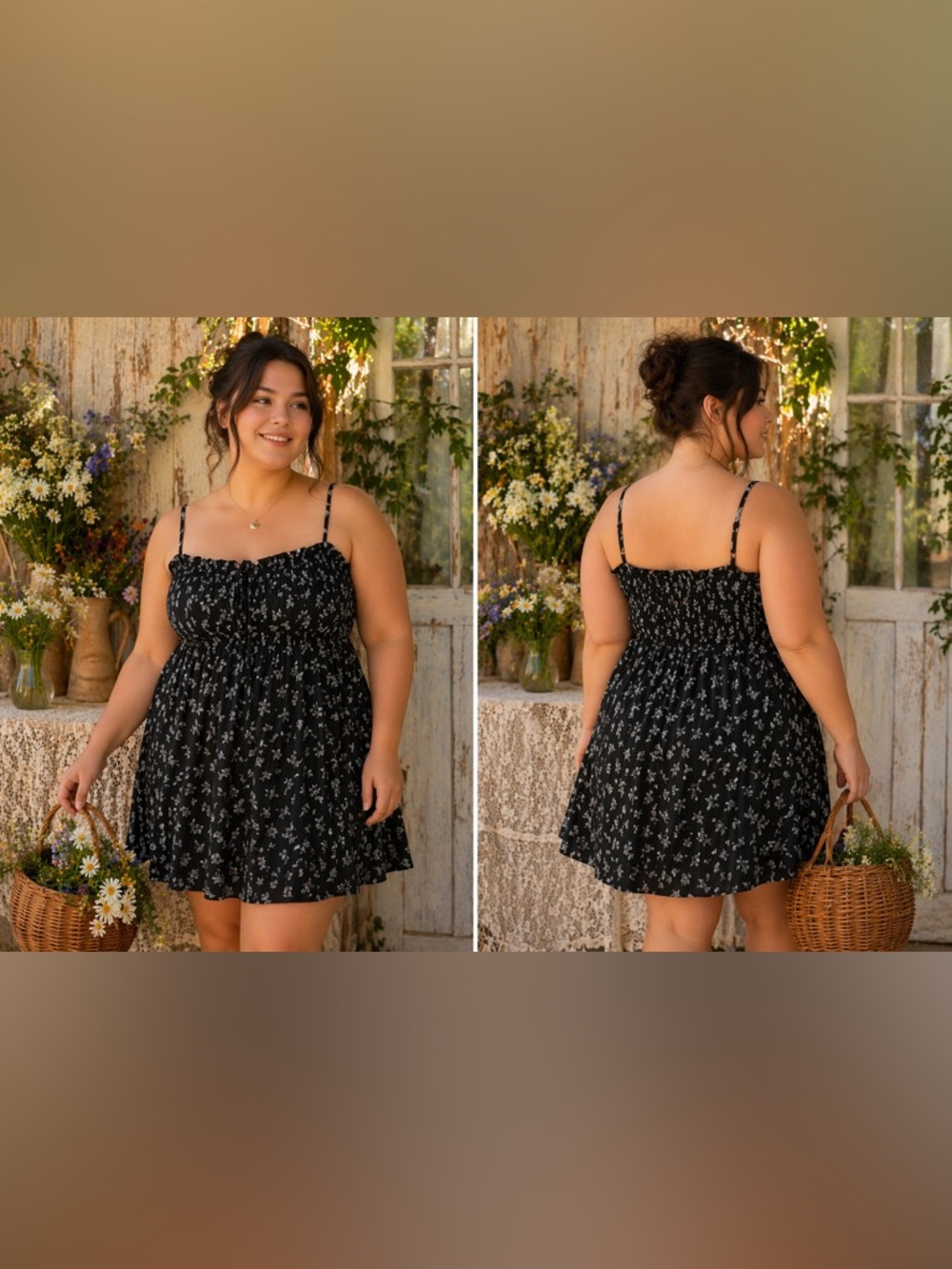 NWT Cottagecore Smocked Black Floral Mini Dress with adjustable Spaghetti Straps